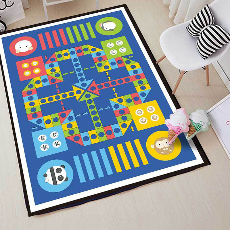Blue Children's Room Carpet Kids Chessboard Pattern Carpet Polyester Washable Non-Slip Backing Pet-Friendly Carpet