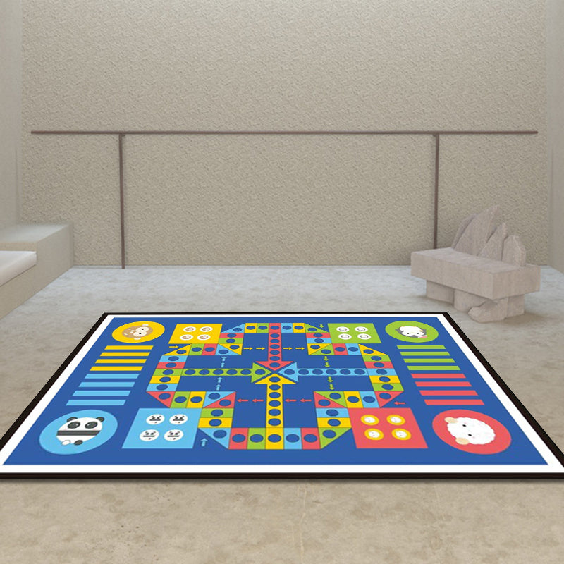 Blue Children's Room Carpet Kids Chessboard Pattern Carpet Polyester Washable Non-Slip Backing Pet-Friendly Carpet