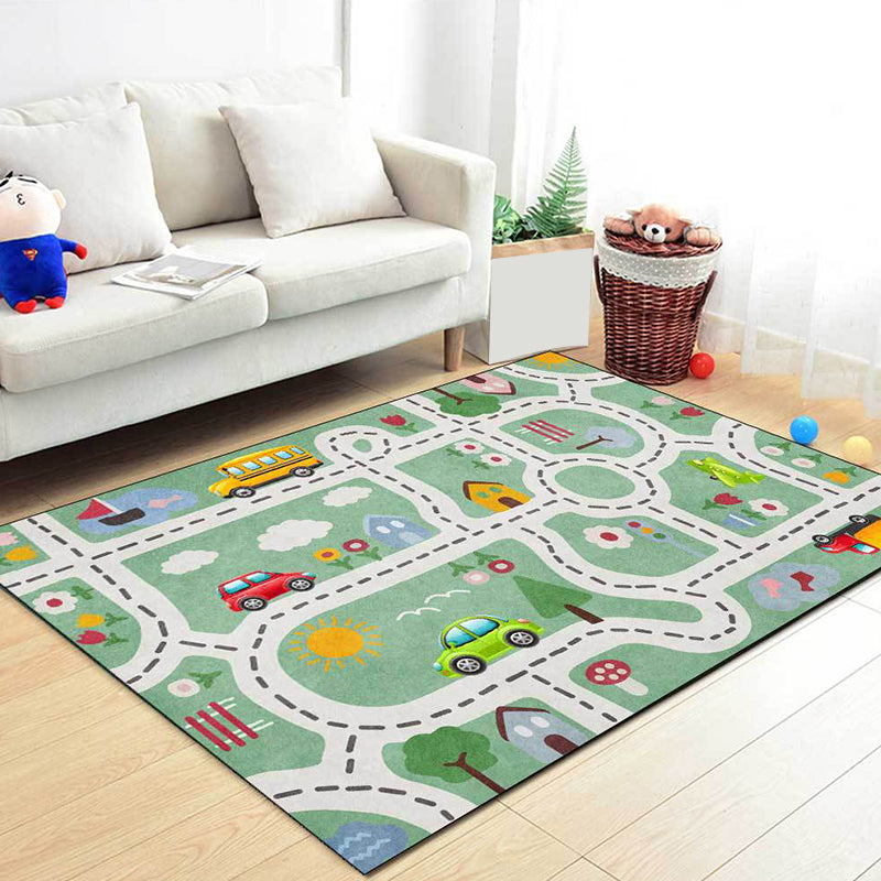 Kids Street Pattern Rug with Car Green Polyester Rug Non-Slip Pet Friendly Washable Rug for the Children's Room