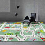 Kids Street Pattern Rug with Car Green Polyester Rug Non-Slip Pet Friendly Washable Rug for the Children's Room