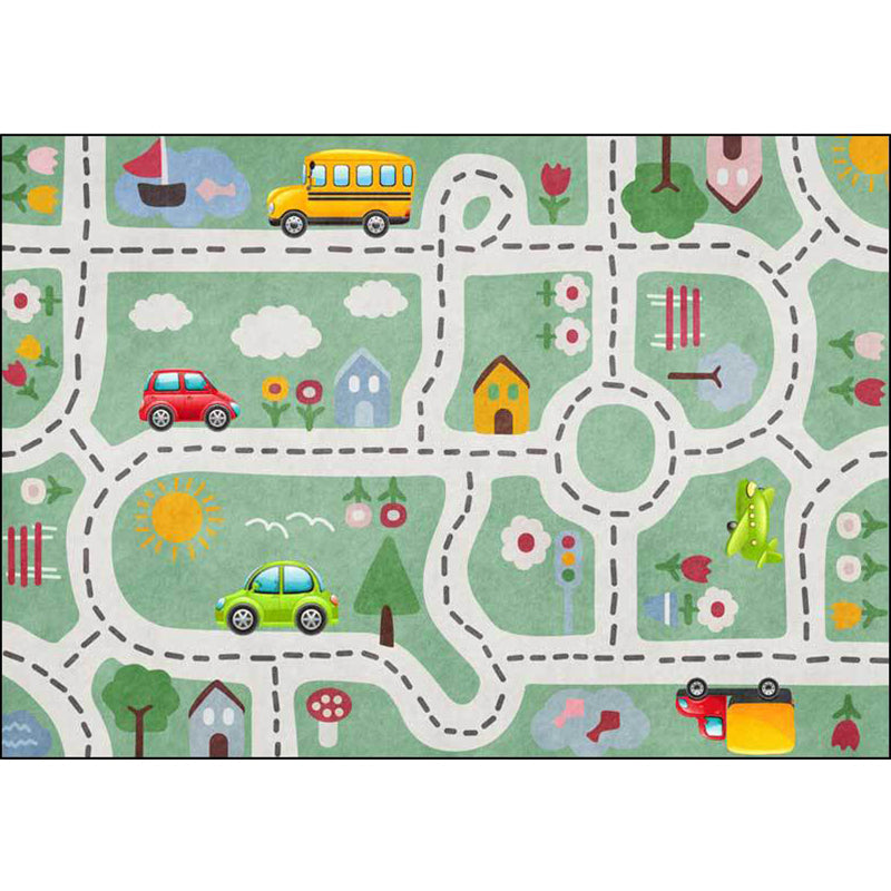 Kids Street Pattern Rug with Car Green Polyester Rug Non-Slip Pet Friendly Washable Rug for the Children's Room