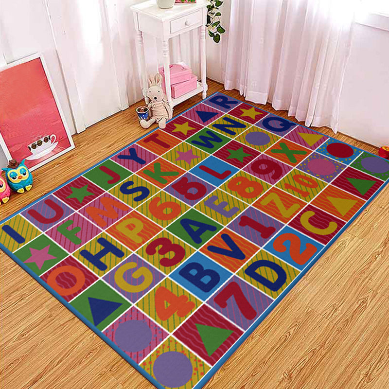 Multicolored Letter Pattern Rug Polyester Kids Rug Pet Friendly Washable Non-Slip Rug for the Bedroom