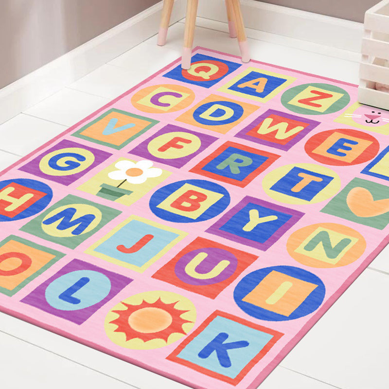 Multicolor Kids Rug Letter Pattern Rug Polyester Washable Non-Slip Bottom Pet-Friendly Rug