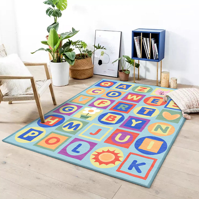 Multicolor Kids Rug Letter Pattern Rug Polyester Washable Non-Slip Bottom Pet-Friendly Rug