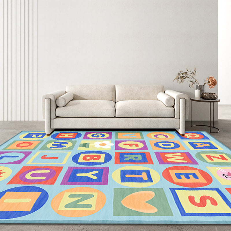 Multicolor Kids Rug Letter Pattern Rug Polyester Washable Non-Slip Bottom Pet-Friendly Rug