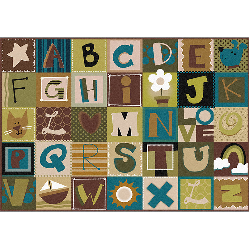 Kids Plaid Pattern Rug with Letters Brown Polyester Rug Non-Slip Pet-Friendly Washable Rug for Kids' Room