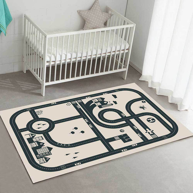 Stylish street pattern carpet with building Beige children's carpet Polyester pet-friendly washable non-slip carpet for decoration