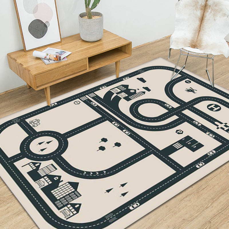 Stylish street pattern carpet with building Beige children's carpet Polyester pet-friendly washable non-slip carpet for decoration