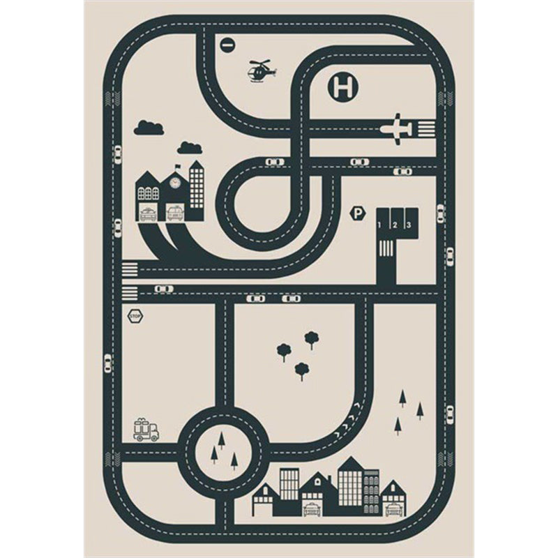 Stylish street pattern carpet with building Beige children's carpet Polyester pet-friendly washable non-slip carpet for decoration