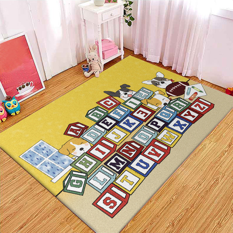 Yellow Letter Pattern Carpet with Dog Polyester Kids Carpet Pet Friendly Washable Anti-Slip Carpet for Bedroom