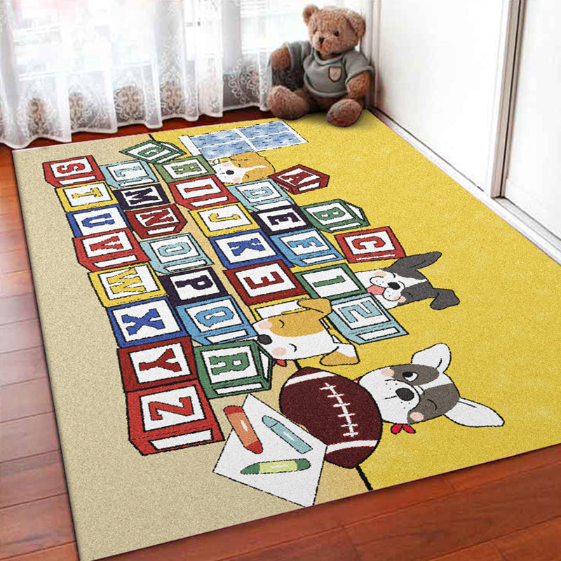 Yellow Letter Pattern Carpet with Dog Polyester Kids Carpet Pet Friendly Washable Anti-Slip Carpet for Bedroom