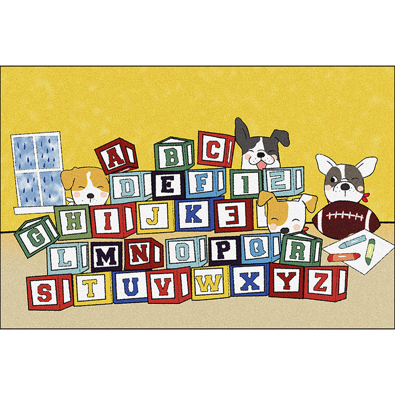 Yellow Letter Pattern Carpet with Dog Polyester Kids Carpet Pet Friendly Washable Anti-Slip Carpet for Bedroom