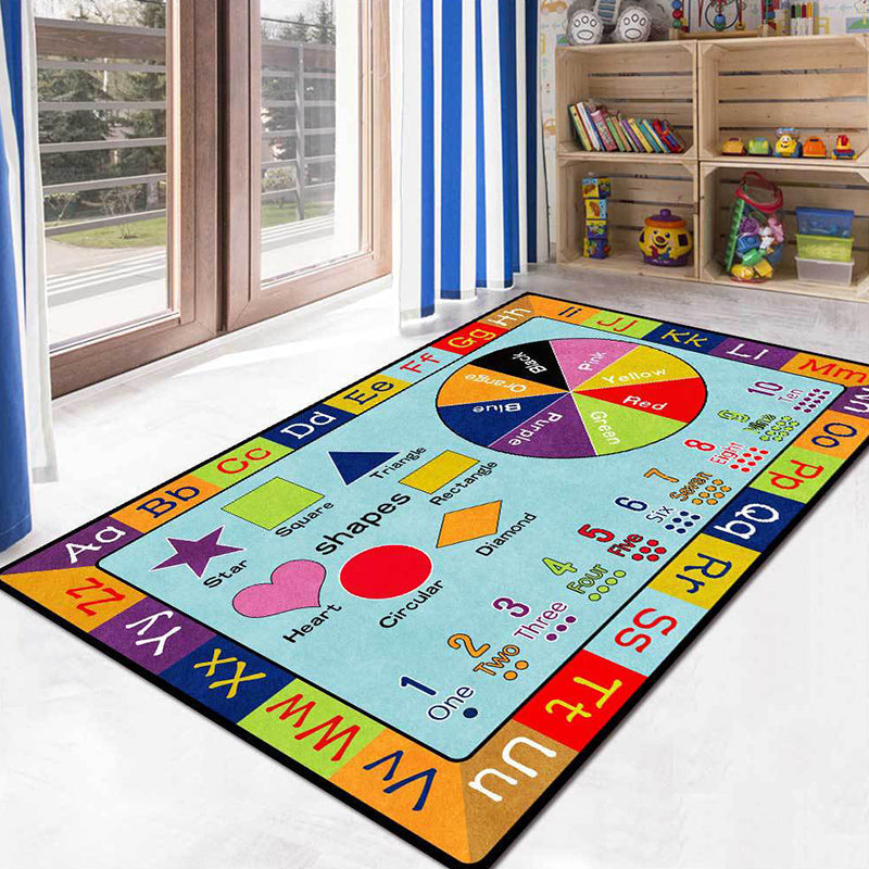 Multicolor Kids Rug Kids Letter and Geometric Pattern Rug Polyester Washable Non-Slip Back Pet-Friendly Rug