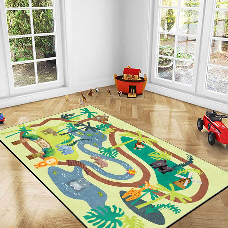 Children's Zoo Pattern Carpet with Animal Brown Polyester Carpet Non-slip Pet Friendly Washable Area Rug for Kids' Room