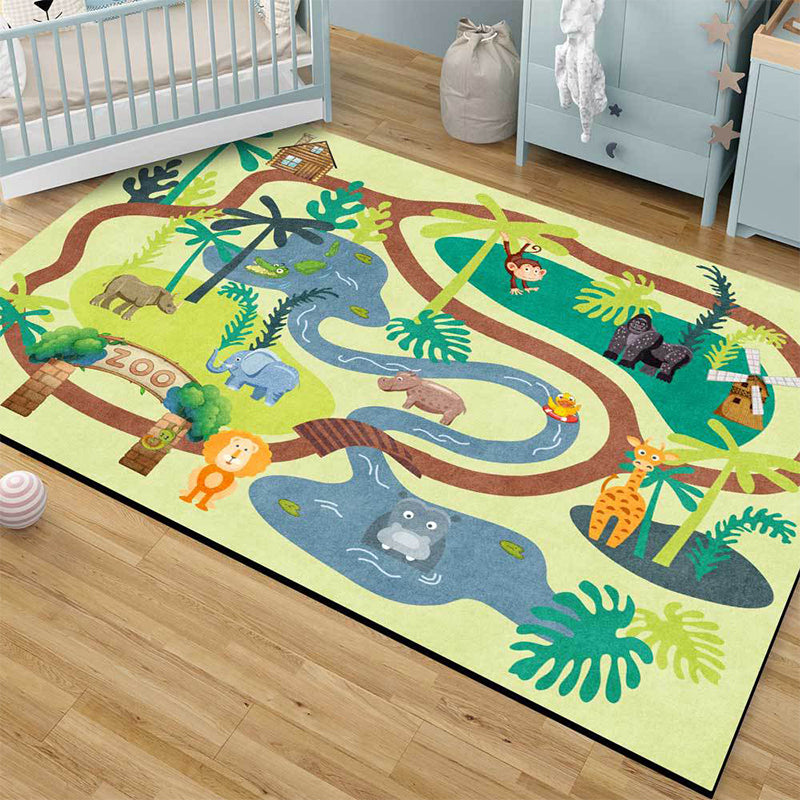 Children's Zoo Pattern Carpet with Animal Brown Polyester Carpet Non-slip Pet Friendly Washable Area Rug for Kids' Room