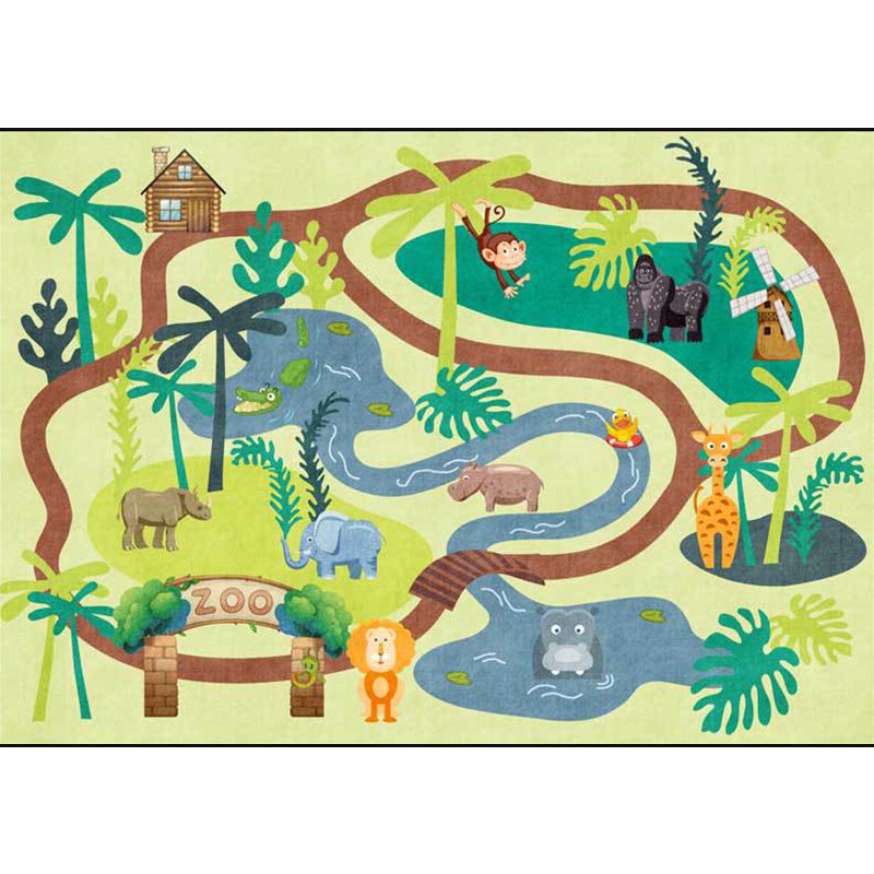 Children's Zoo Pattern Carpet with Animal Brown Polyester Carpet Non-slip Pet Friendly Washable Area Rug for Kids' Room