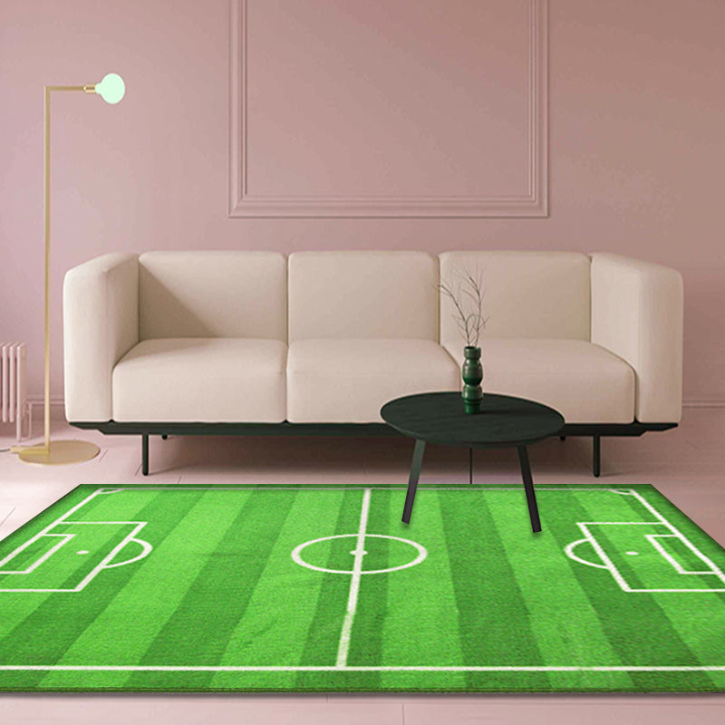 Green Soccer Field Pattern Carpet Polyester Kids Carpet Pet Friendly Washable Non-Slip Area Rug for Bedroom