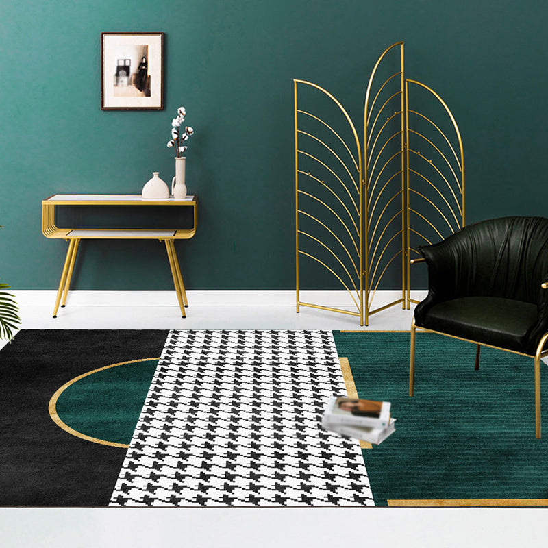 Green Living Room Carpet Modernism Geometric and Houndstooth Pattern Carpet Polyester Washable Non-Slip Back Pet Friendly Carpet