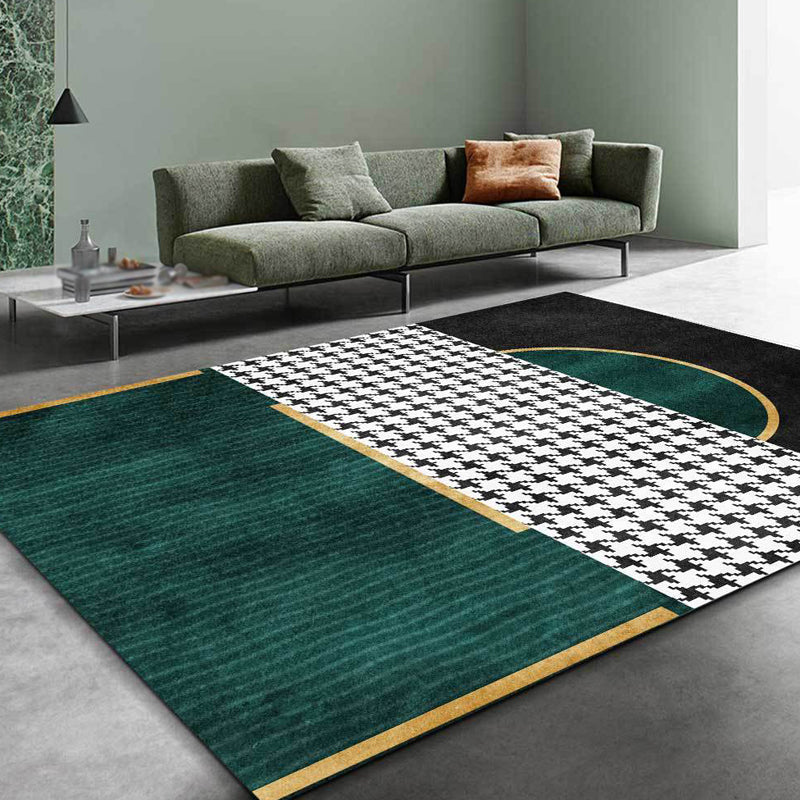 Green Living Room Carpet Modernism Geometric and Houndstooth Pattern Carpet Polyester Washable Non-Slip Back Pet Friendly Carpet