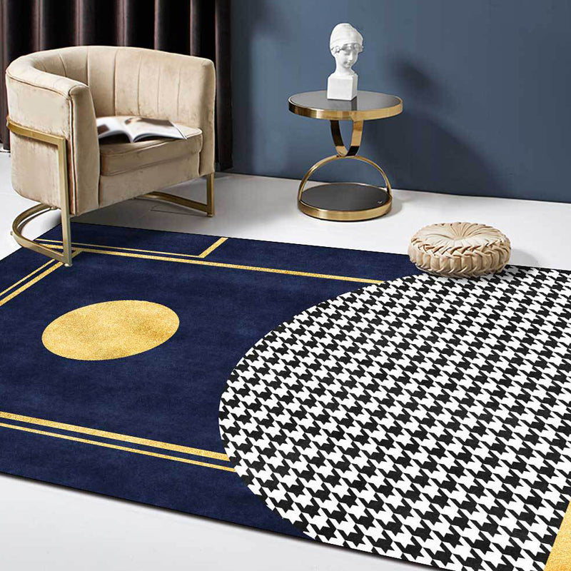 Blue geometric patterned rug with houndstooth polyester minimalist rug pet-friendly washable non-slip rug for the living room