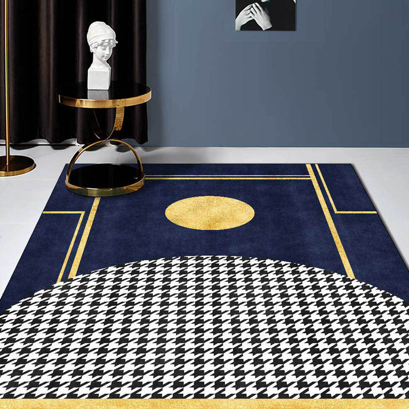 Blue geometric patterned rug with houndstooth polyester minimalist rug pet-friendly washable non-slip rug for the living room