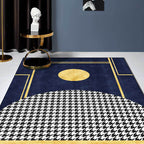 Blue geometric patterned rug with houndstooth polyester minimalist rug pet-friendly washable non-slip rug for the living room