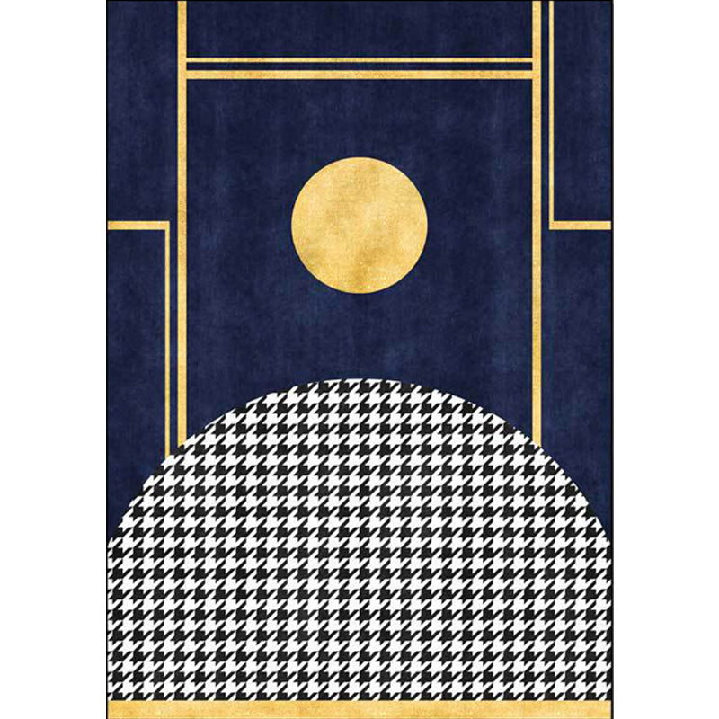 Blue geometric patterned rug with houndstooth polyester minimalist rug pet-friendly washable non-slip rug for the living room