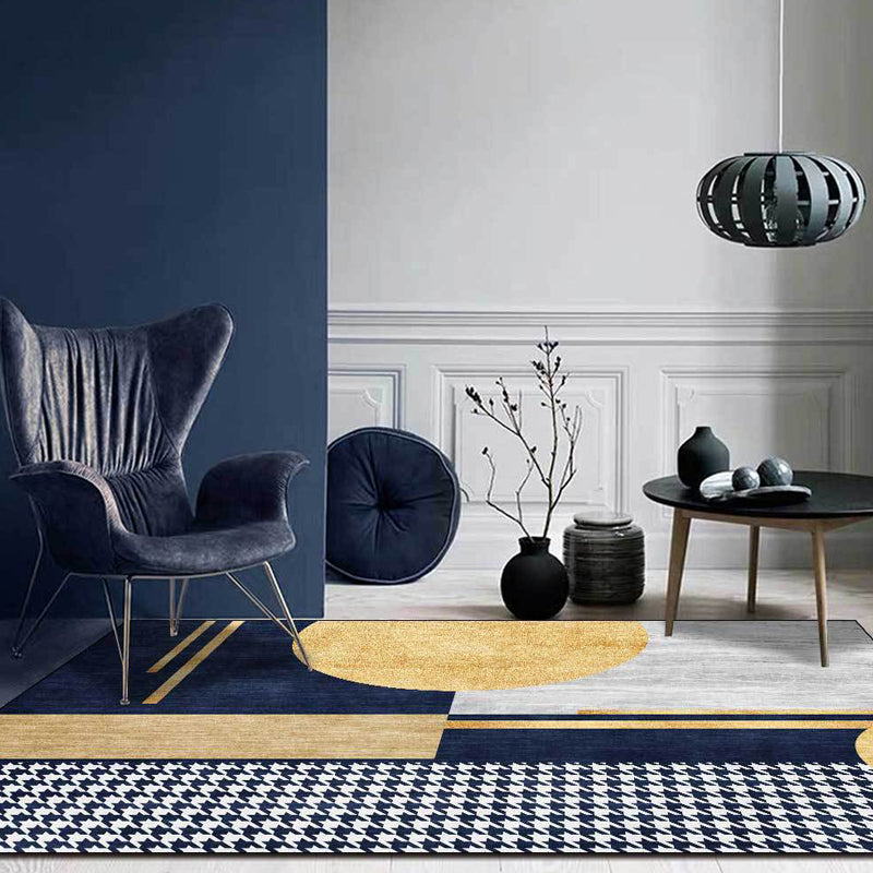 Gold Living Room Rug Modernism Geometric and Houndstooth Pattern Rug Polyester Washable Non-Slip Back Pet-Friendly Rug