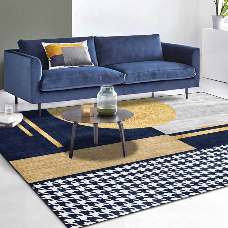 Gold Living Room Rug Modernism Geometric and Houndstooth Pattern Rug Polyester Washable Non-Slip Back Pet-Friendly Rug