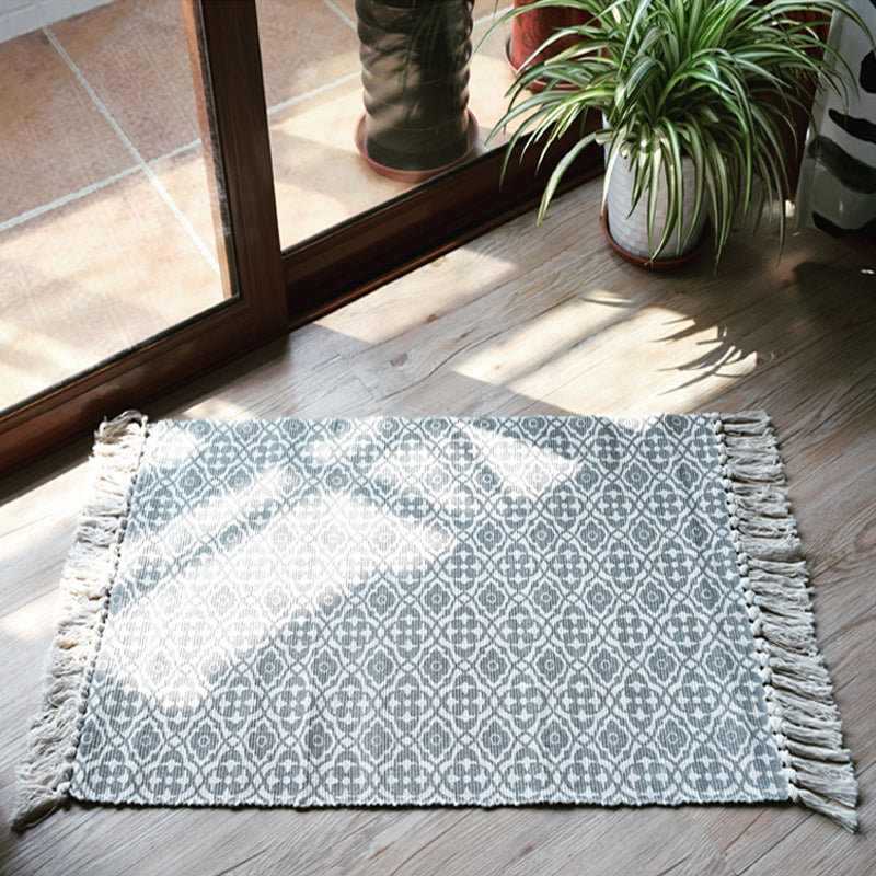 Moroccan tribal flower pattern rug blue and gray cotton rug non-slip pet-friendly washable rug for the living room