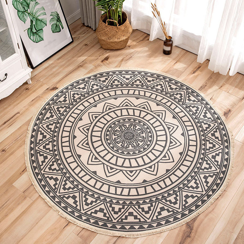Moroccan Tribal Flower Pattern Carpet Multicolor Linen Carpet Non-Slip Pet-Friendly Washable Carpet for Bedroom