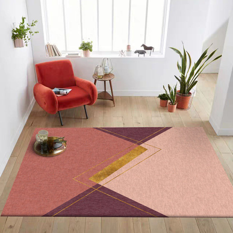 Red and Pink Bedroom Rug Modern Geometric Pattern Carpet Polyester Non-Slip Back Washable Rug for the Area