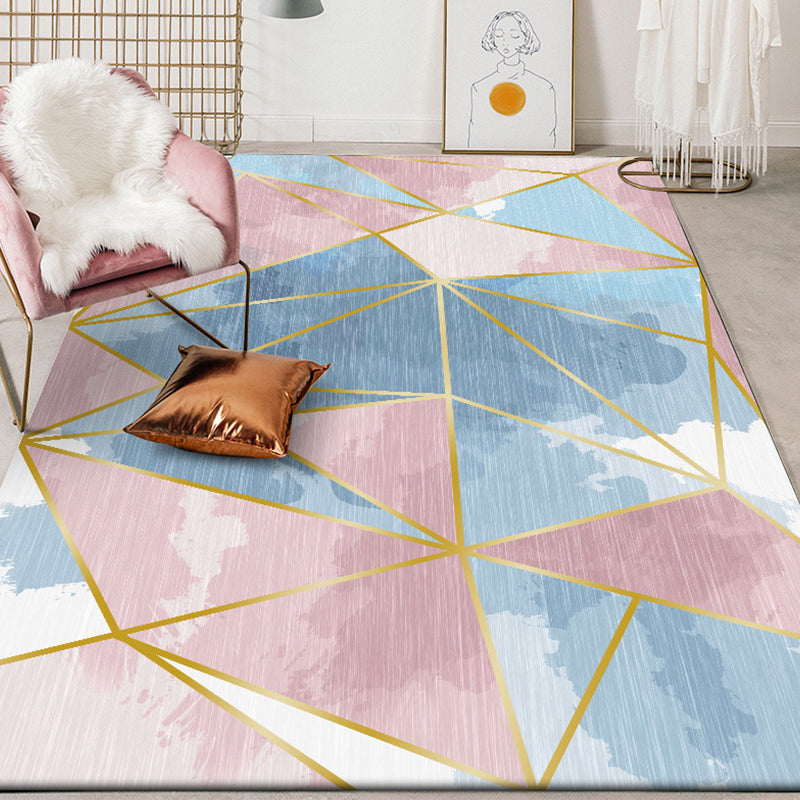 Blue geometric pattern rug polyester modern rug washable non-slip pet-friendly rug for the living room