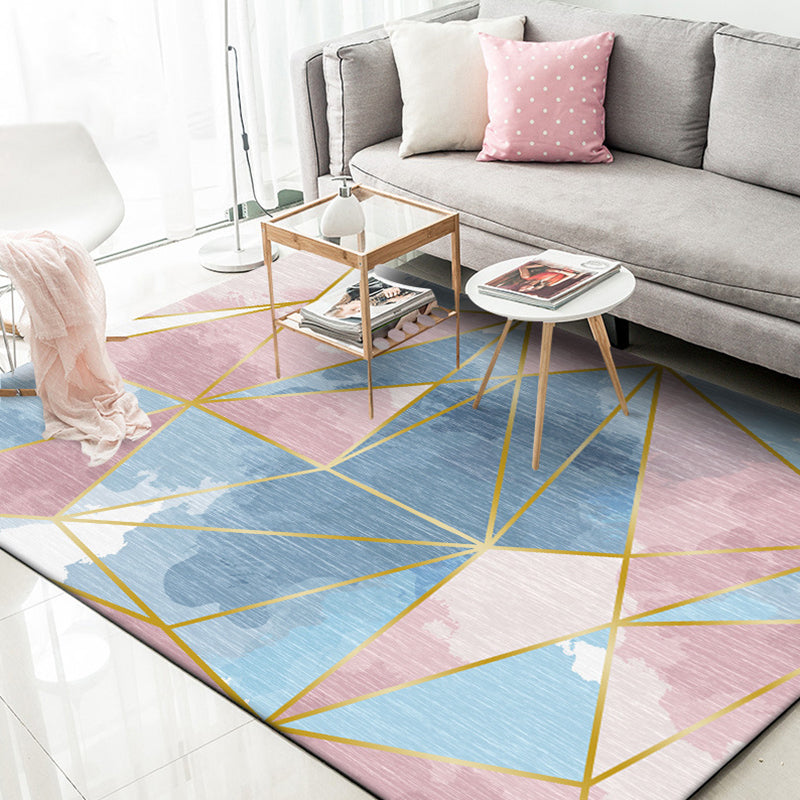 Blue geometric pattern rug polyester modern rug washable non-slip pet-friendly rug for the living room