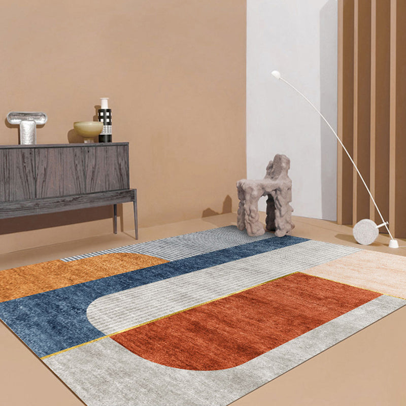Orange-Red Modern Carpet Polyester Color Block Striped Pattern Carpet Pet-Friendly Washable Non-Slip Floor Mat for Home