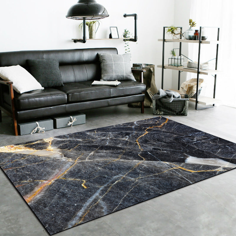 Black Living Room Rug Modernism Marble Surface Pattern Rug Polyester Machine Washable Non-Slip Backing Rug