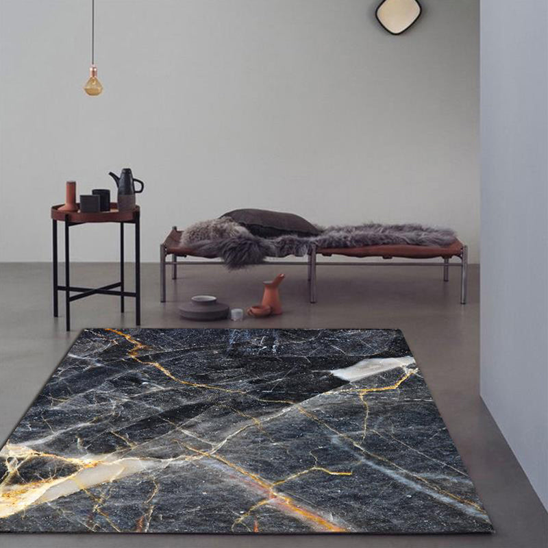 Black Living Room Rug Modernism Marble Surface Pattern Rug Polyester Machine Washable Non-Slip Backing Rug