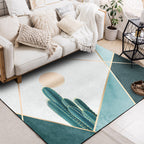 Green Bedroom Rug Modernist Geometric and Cactus Pattern Rug Polyester Non-Slip Back Washable Area Rug