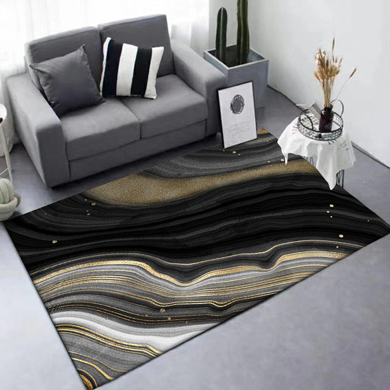 Simple Swirled Striped Pattern Rug Black Nordic Rug Polyester Washable Non-Slip Pet-Friendly Rug for the Living Room