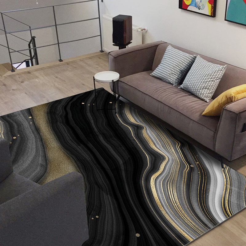 Simple Swirled Striped Pattern Rug Black Nordic Rug Polyester Washable Non-Slip Pet-Friendly Rug for the Living Room