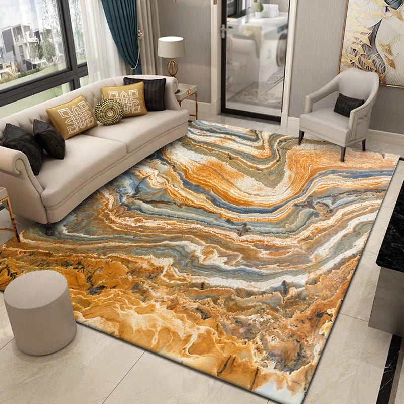 Brown Living Room Rug Modernism Swirl Stripes Pattern Rug Synthetic Machine Washable Non-Slip Backing Rug