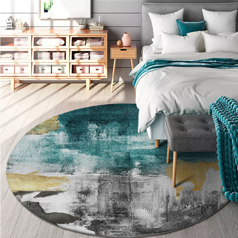 Industrial Abstract Carpet Blue Polyester Rug Non-Slip Pet-Friendly Washable Rug for Home