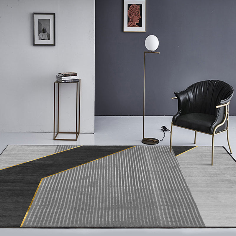 Black geometric patterned rug with stripes, modern area rug made of polyester, washable, non-slip backing rug for the study