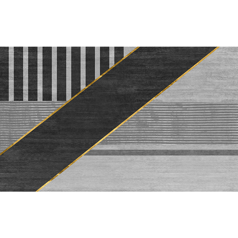 Black geometric patterned rug with stripes, modern area rug made of polyester, washable, non-slip backing rug for the study