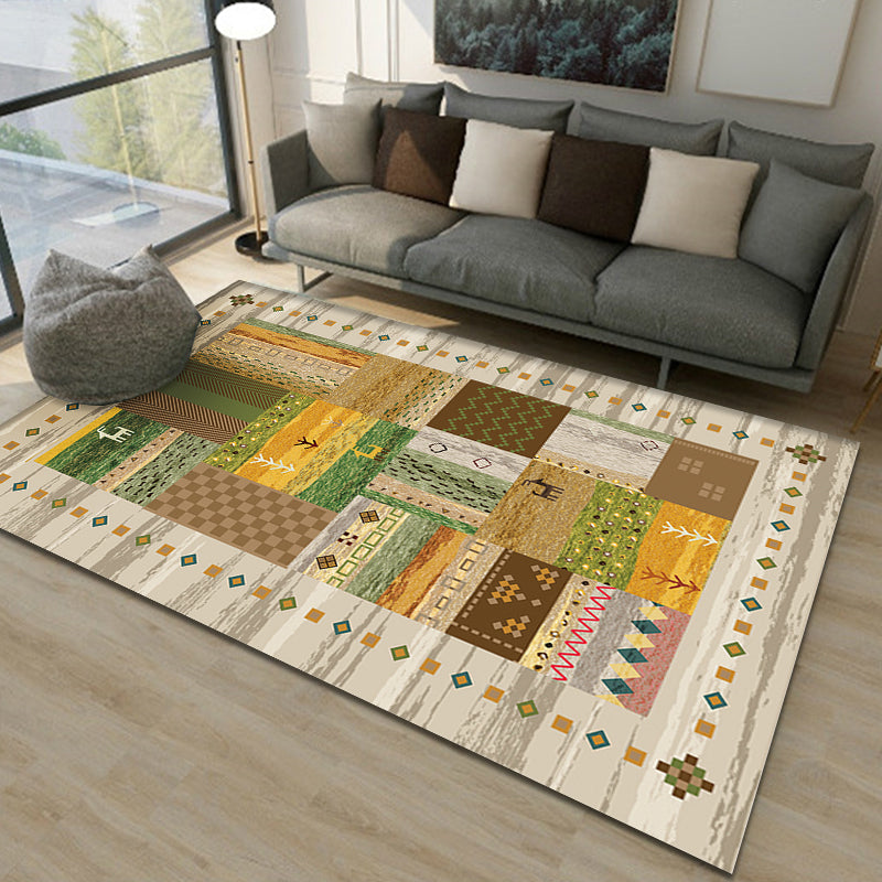 Brown and Green Southwestern Rug Polypropylene Tribal Diamond Pattern Rug Pet Friendly Washable Non-Slip Rug for Decoration