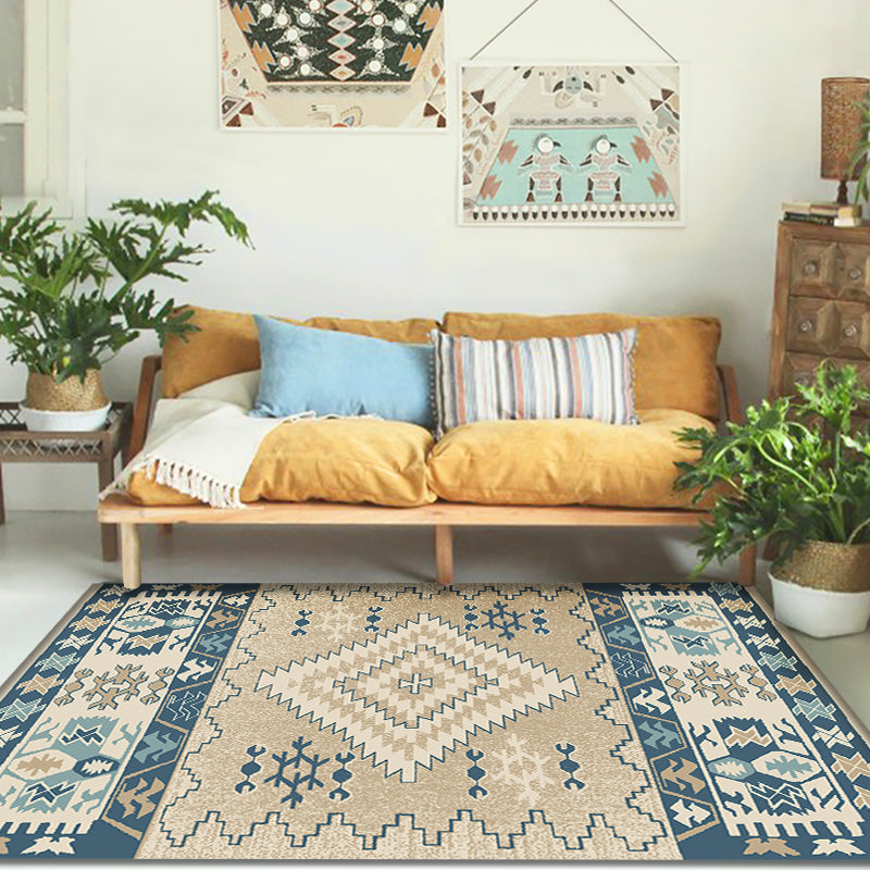 Brown and Blue Bohemian Rug Synthetic Tribal Diamond Pattern Rug Pet-Friendly Washable Non-Slip Rug for Decoration
