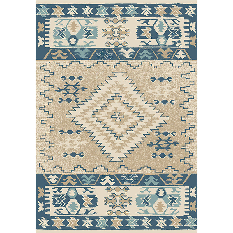 Brown and Blue Bohemian Rug Synthetic Tribal Diamond Pattern Rug Pet-Friendly Washable Non-Slip Rug for Decoration