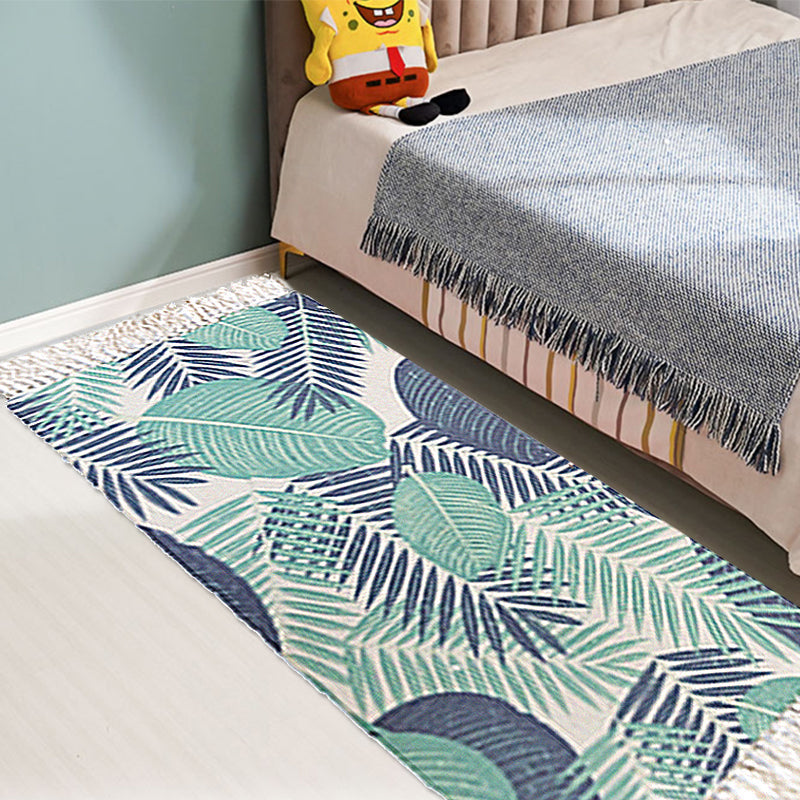 Tropical Leaf Pattern Carpet Green Cotton Rug Non-slip Pet Friendly Washable Area Rug for Living Room