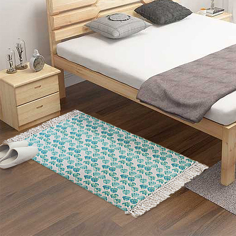 Tropical Leaf Pattern Carpet Green Cotton Rug Non-slip Pet Friendly Washable Area Rug for Living Room