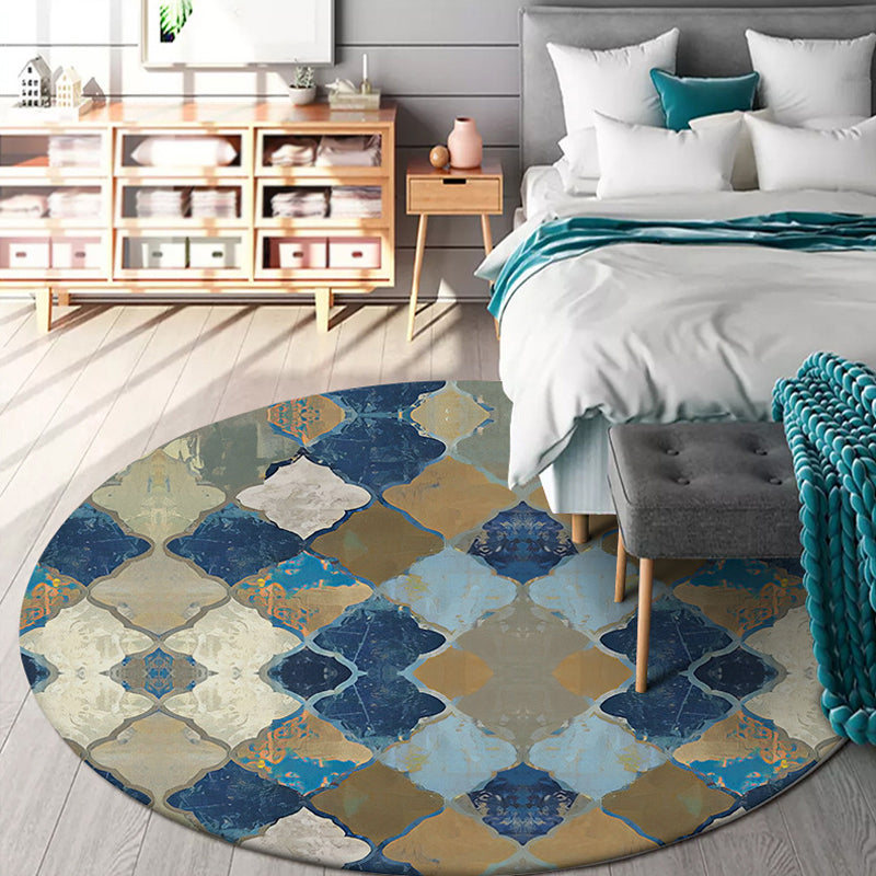 Blue Moroccan Carpet Polyester Albany Geometric Ogee Pattern Carpet Pet Friendly Washable Non-Slip Carpet for Bedroom